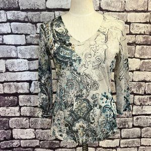 Chico's Ivory, Black & Blue V-Neck 3/4 Sleeve Blouse Size Medium